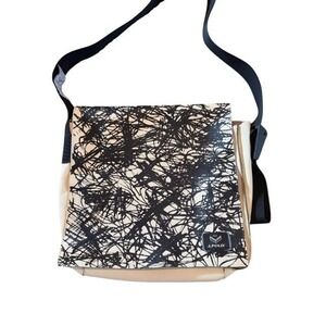 J.Fold Leather Messenger Bag RARE Cream Black Abstract Scribble Crossbody Urban